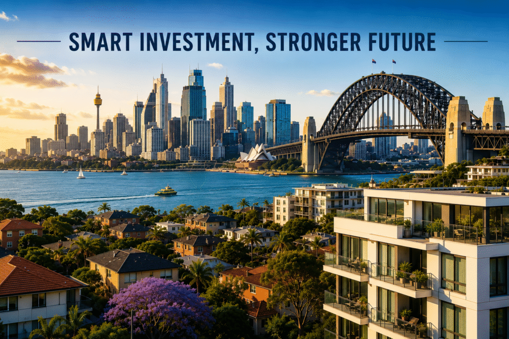 Investment property in Sydney featuring the Sydney Harbour Bridge, city skyline, waterfront homes, and modern residential apartments with the headline "Smart Investment, Stronger Future".